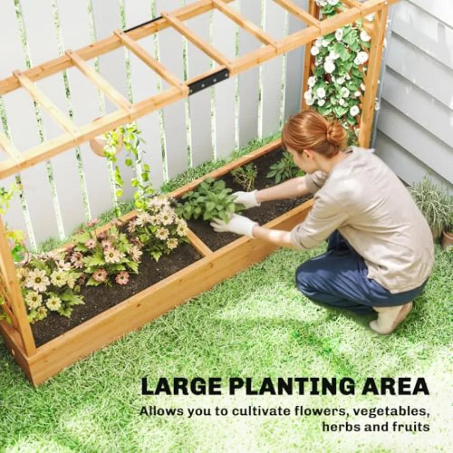 Raised Garden Bed with Trellis, Wooden Planter Box with Hanging Roof and Drainage Holes Outdoor Trellis Planter for Climbing Plants
