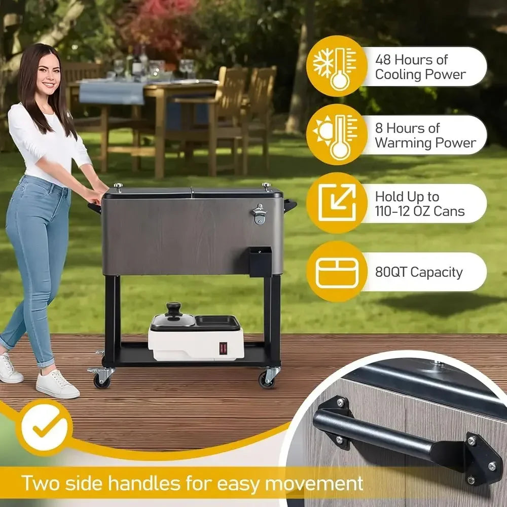 80QT Patio Party Cooler Cart – Rolling Ice Chest with Storage Tray, Wheels & Built‑In Bottle Opener