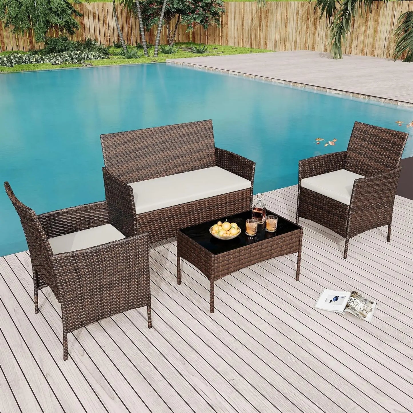 4‑Piece Patio Furniture Set – Glass Coffee Table & 3 Cushioned Chairs for Garden, Balcony & Backyard