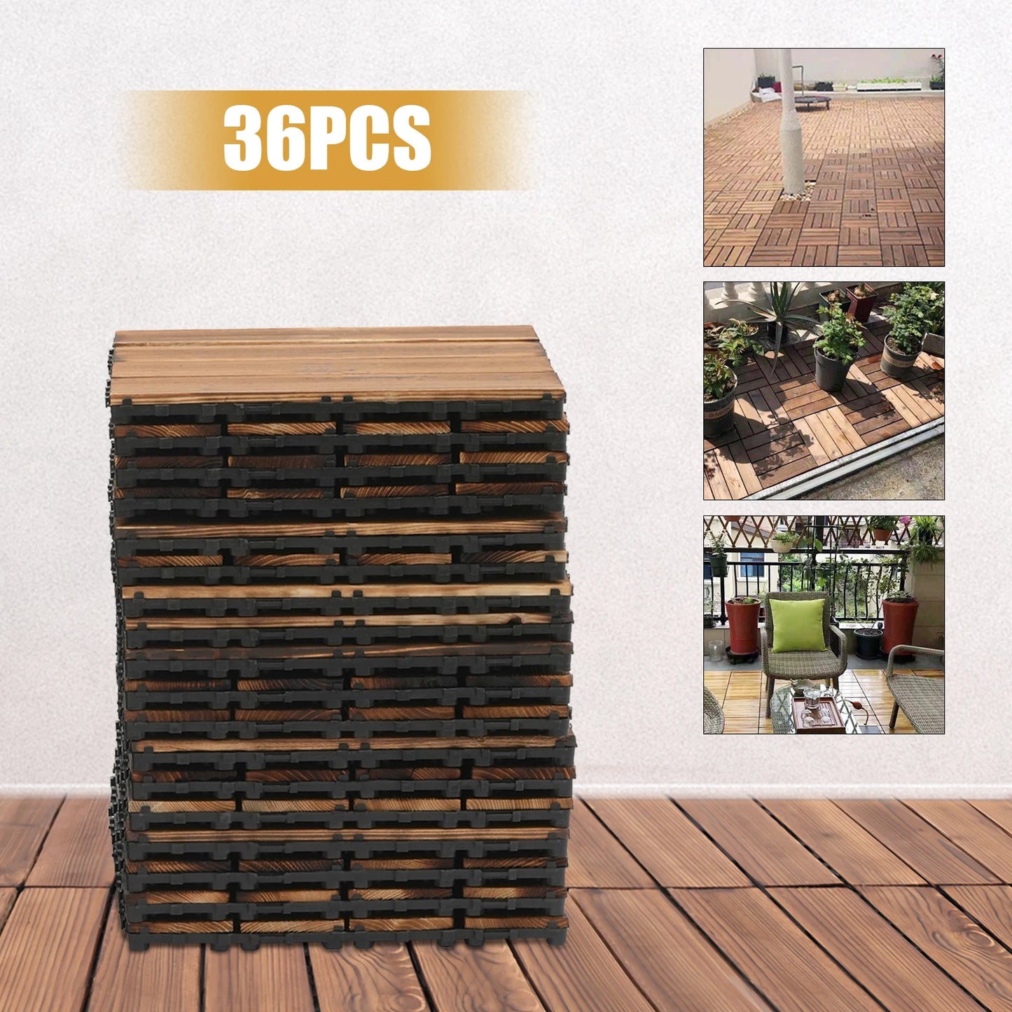 36‑Pack Hardwood Interlocking Patio Deck Tiles – 12" × 12" Outdoor Flooring for Patios, Balconies & Walkways
