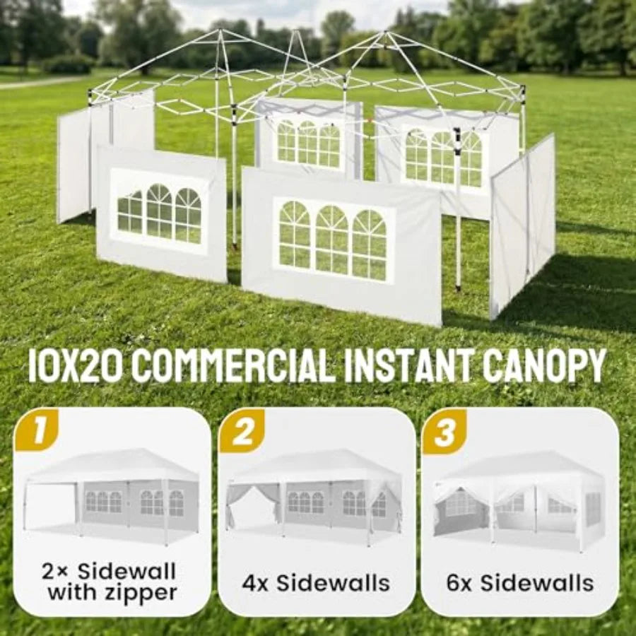 10×20 Commercial Pop‑Up Canopy – White Fabric Tent with 6 Sidewalls & 6 Sandbags for Outdoor Events