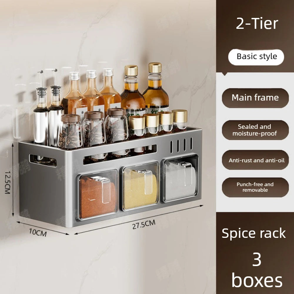 No‑Drill Wall‑Mounted Spice Rack – Carbon Steel Pull‑Out Seasoning Organizer for Kitchen