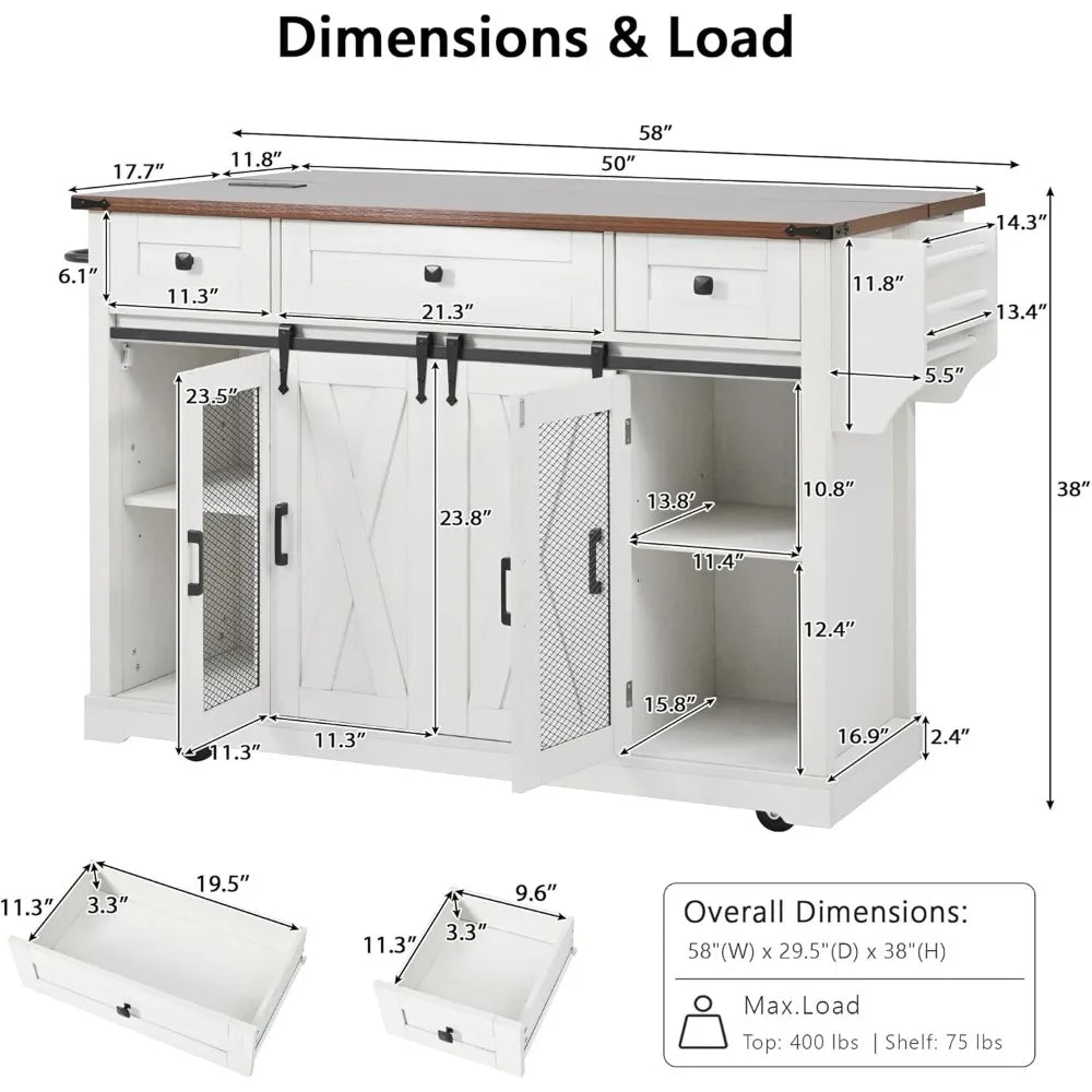 Farmhouse Kitchen Island Cart on Wheels with Drop Leaf & Power Outlet, Sliding Barn Door Storage Cabinet