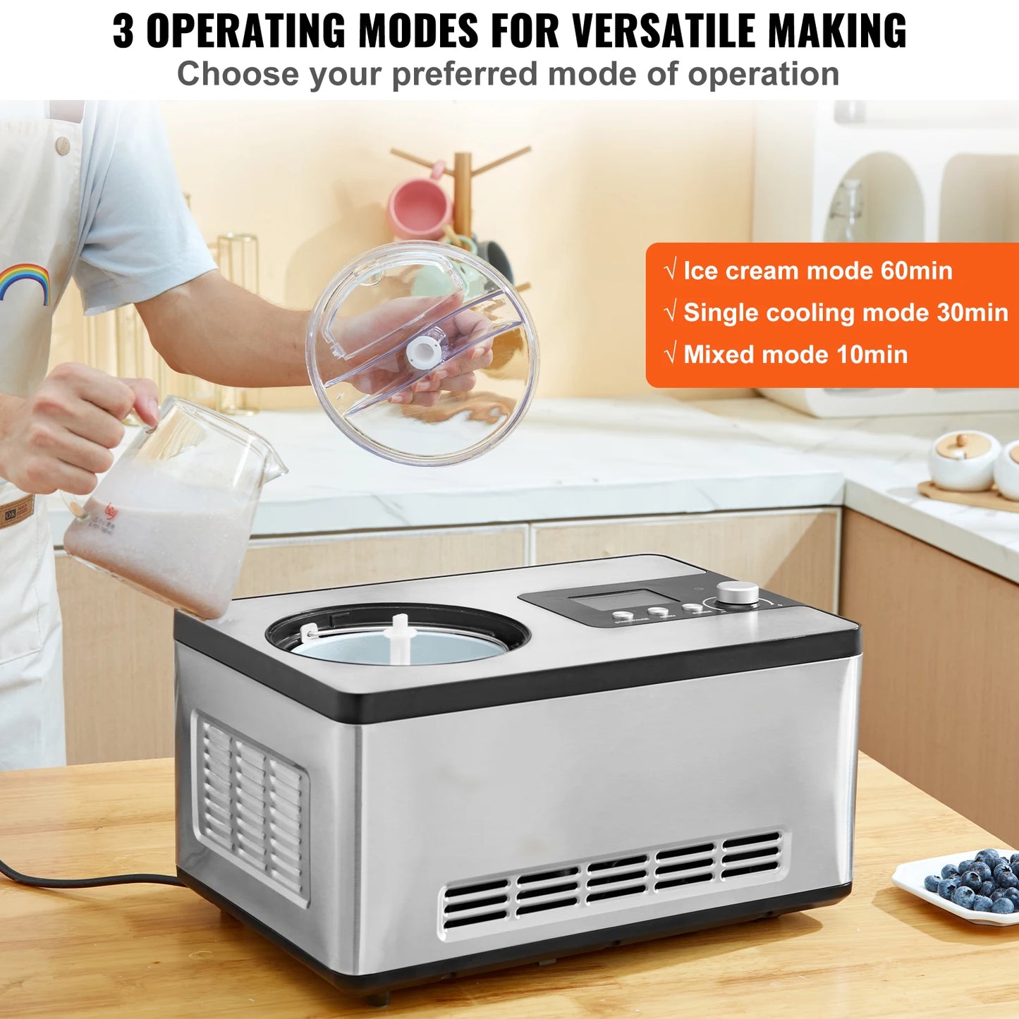Automatic Ice Cream Maker with Built-in Compressor, 2 Quart No Pre-freezing, Fruit Yogurt Machine, Electric Sorbet Maker