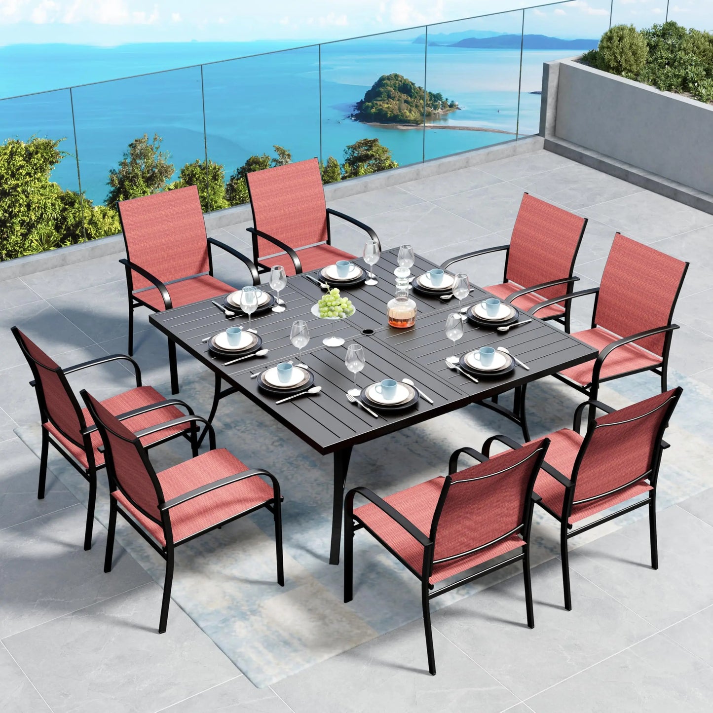 Outdoor Patio Dining Set (5/9/10‑Piece) – Square Table with Umbrella Hole & Metal Brown Chairs