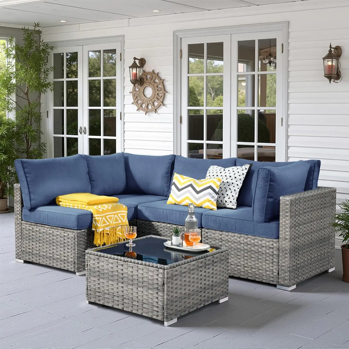 5 PCS Outdoor Patio Furniture Sets, Wicker - Weather Resistant