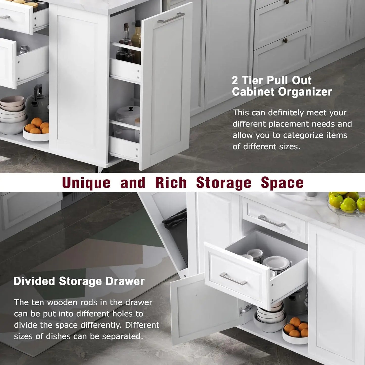 50.7" Rolling Kitchen Island Cart with Faux Marble Top Drop Leaf with Trash Can Storage Cabinet