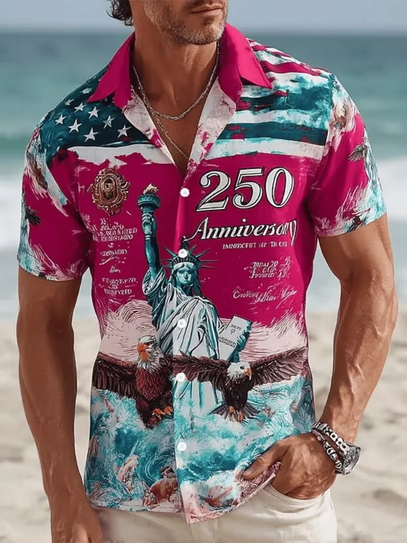 Men's 250th Anniversary US  American Flag Print Short Sleeve Button Down Shirt