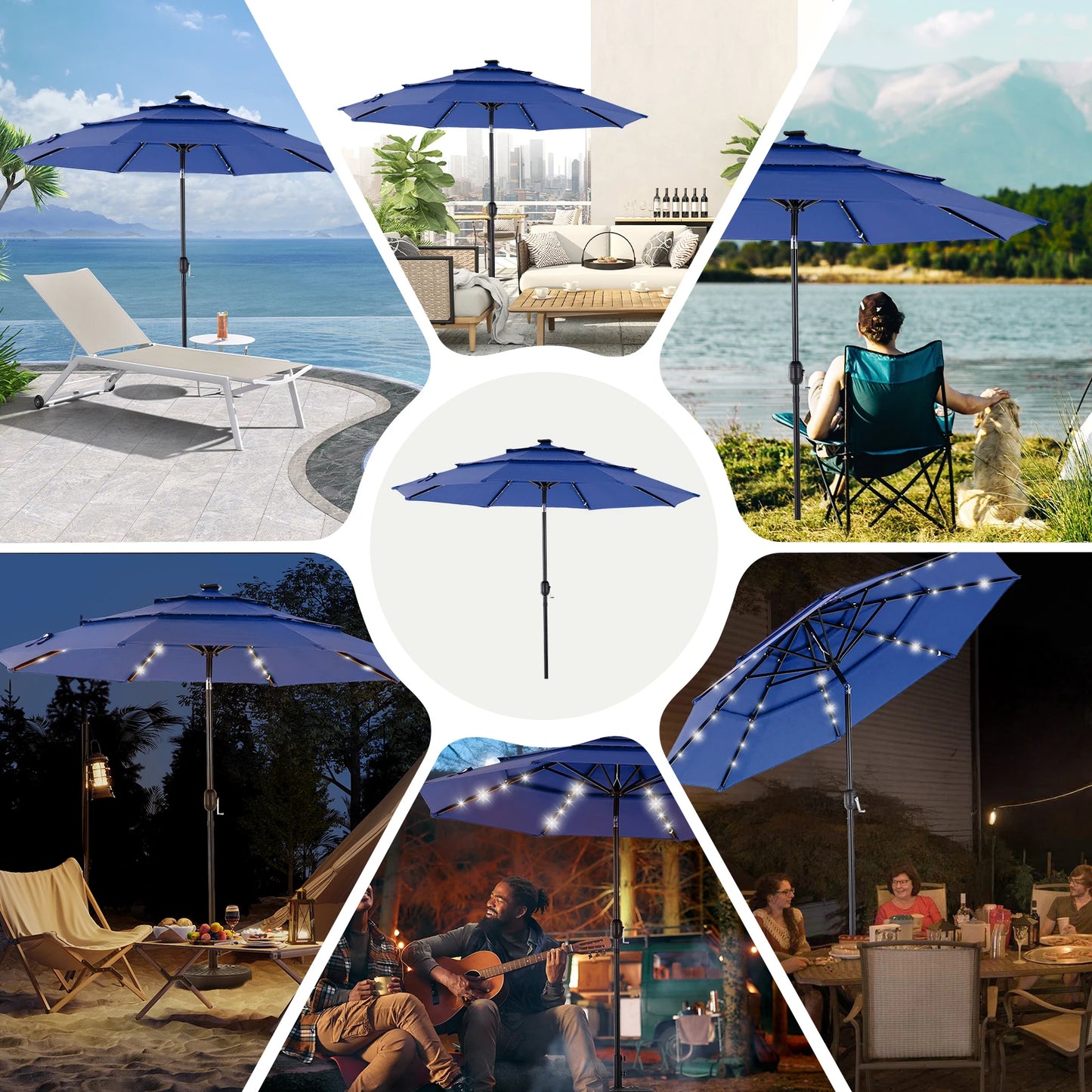 10FT 3‑Tier Patio Umbrella – Solar 32 LED Lights, Tilt Function & 8 Sturdy Ribs for Backyard & Garden