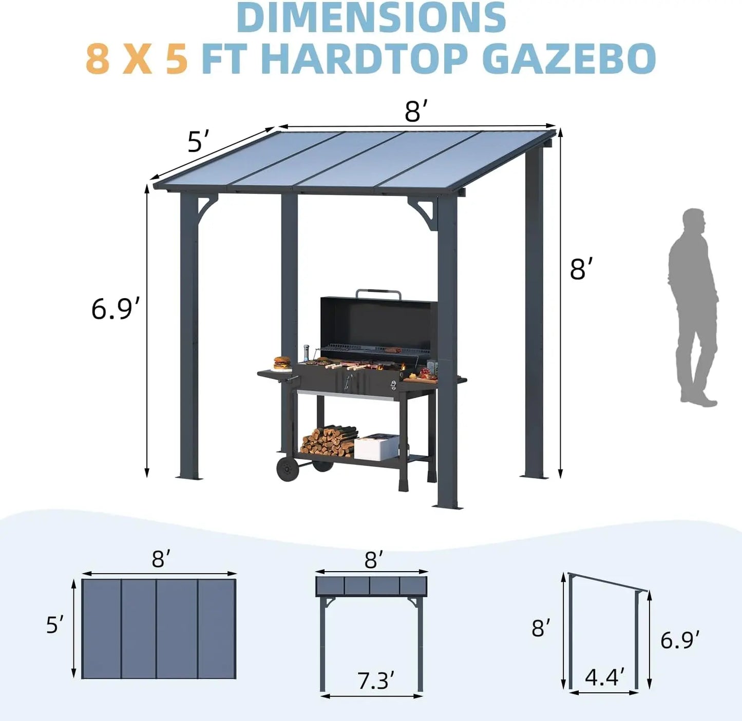 8' x 5' Lean to  Grill Gazebo Outdoor Pergola for Patio