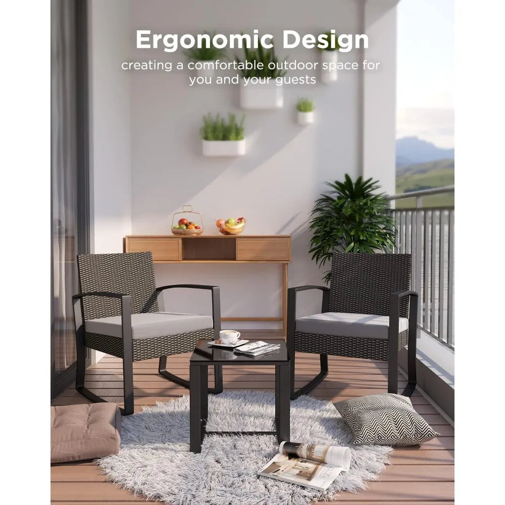 3‑Piece Outdoor Rocking Bistro Set – Rattan Conversation Chairs with Coffee Table for Balcony, Garden & Poolside