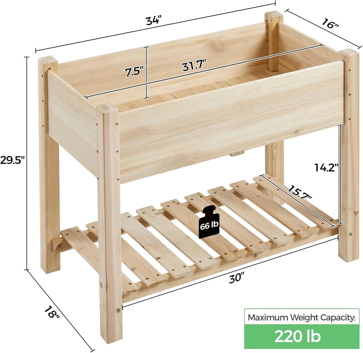 Elevated Wooden Garden Bed with Storage Shelf, 34x18x30in