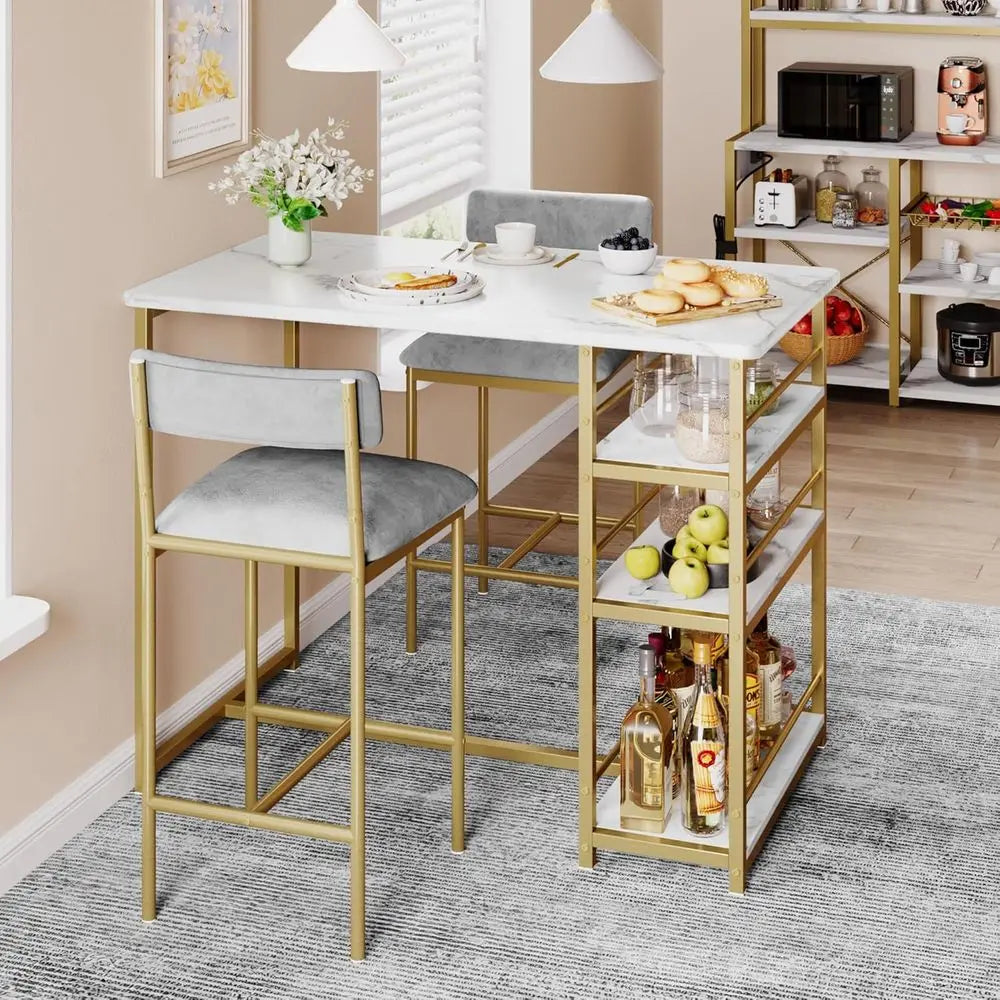 Space-Saving Bar Table Set with Storage, Comfortable Padded Stools, Durable Steel & Wood Construction