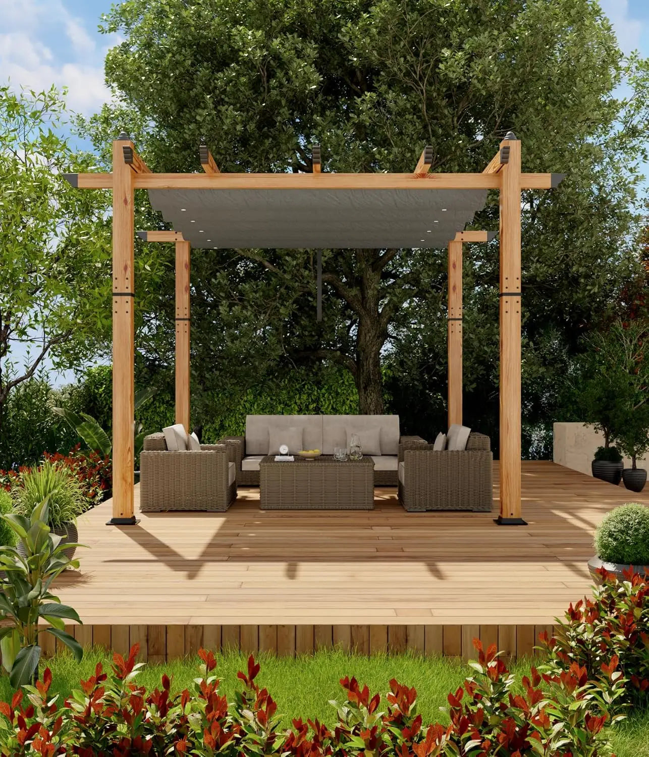 10'×10' Aluminum Pergola – Faux Wood Outdoor Pergola with Retractable Canopy