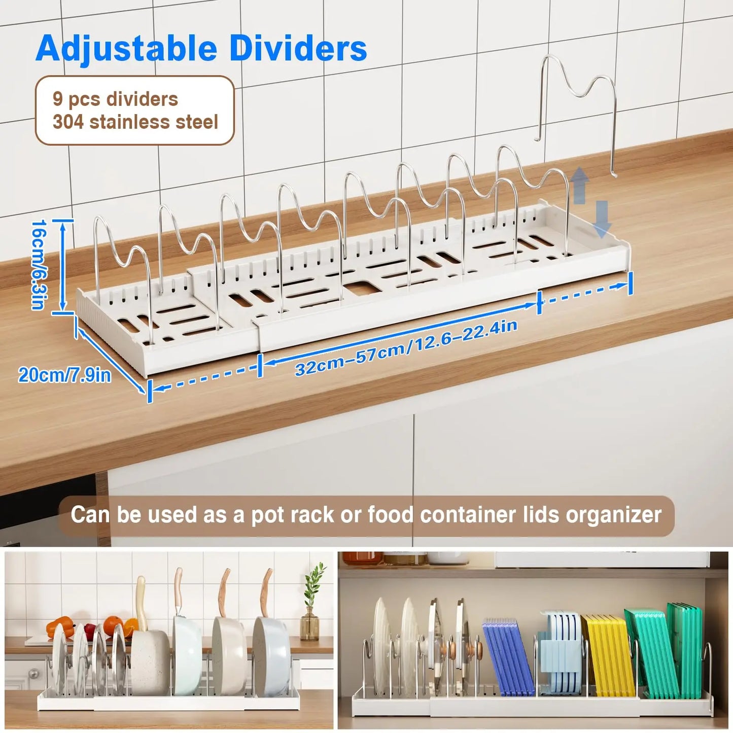 22" Expandable Pot & Pan Organizer – White Under‑Cabinet Rack with 9 Adjustable Dividers (2‑Pack)