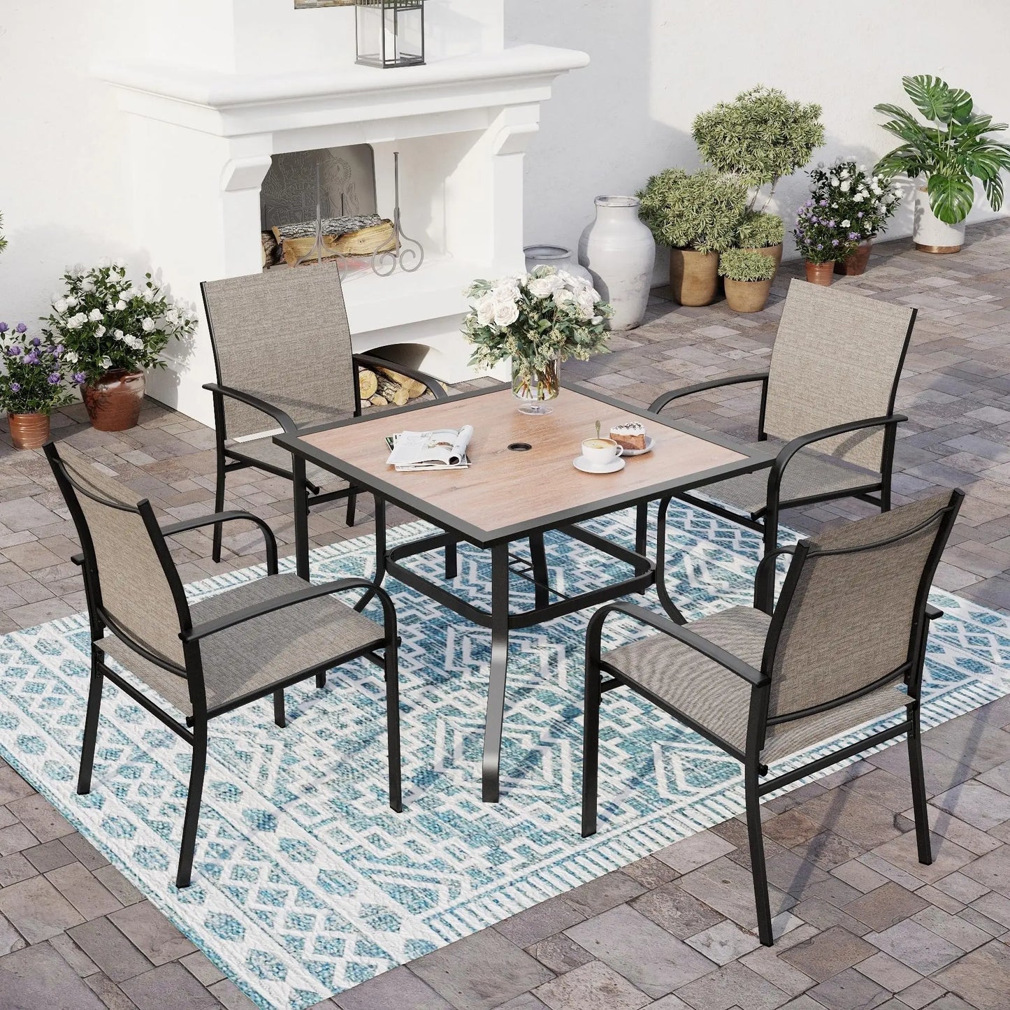 Outdoor Patio Dining Set (5/9/10‑Piece) – Square Table with Umbrella Hole & Metal Brown Chairs