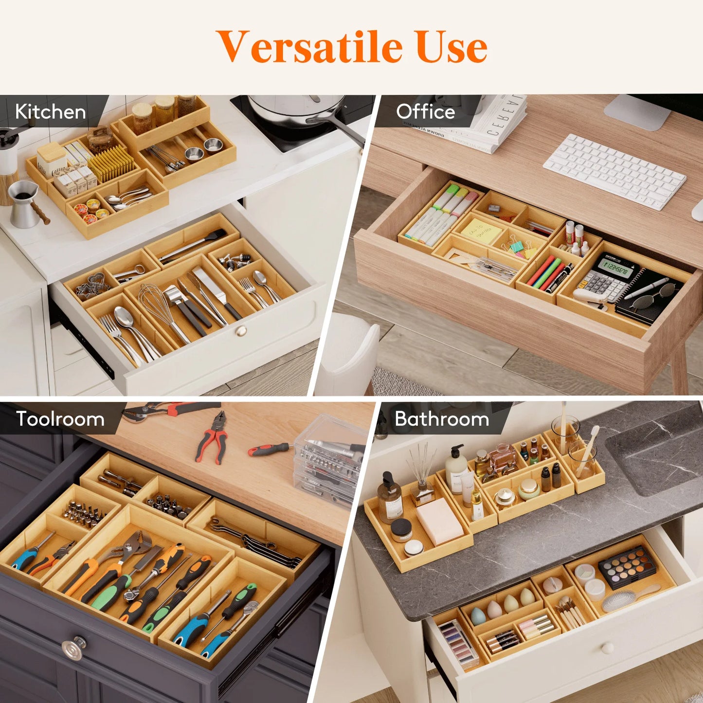 Adjustable Bamboo Wooden Drawer Dividers, Stackable Storage Box