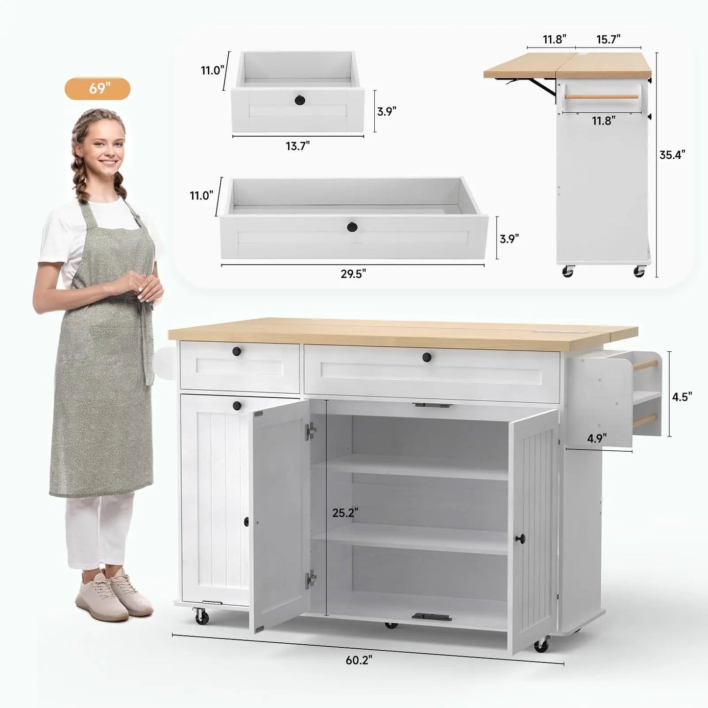 60" Mobile Kitchen Island with Table Drop Leaf, Power Outlets, Spice & Towel Rack, and Trash Cabinet