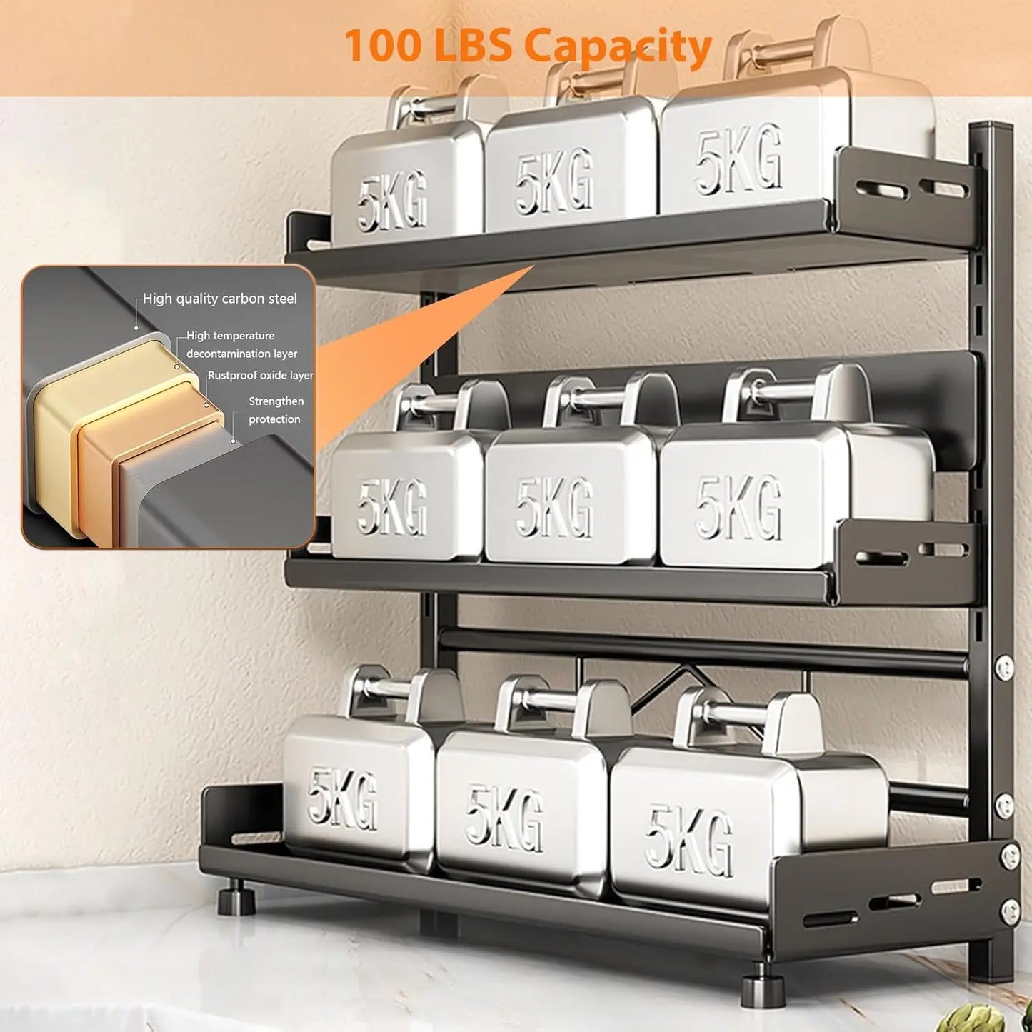 3‑Tier Spice Storage Rack – Adjustable Countertop Organizer, Metal Shelf in Black