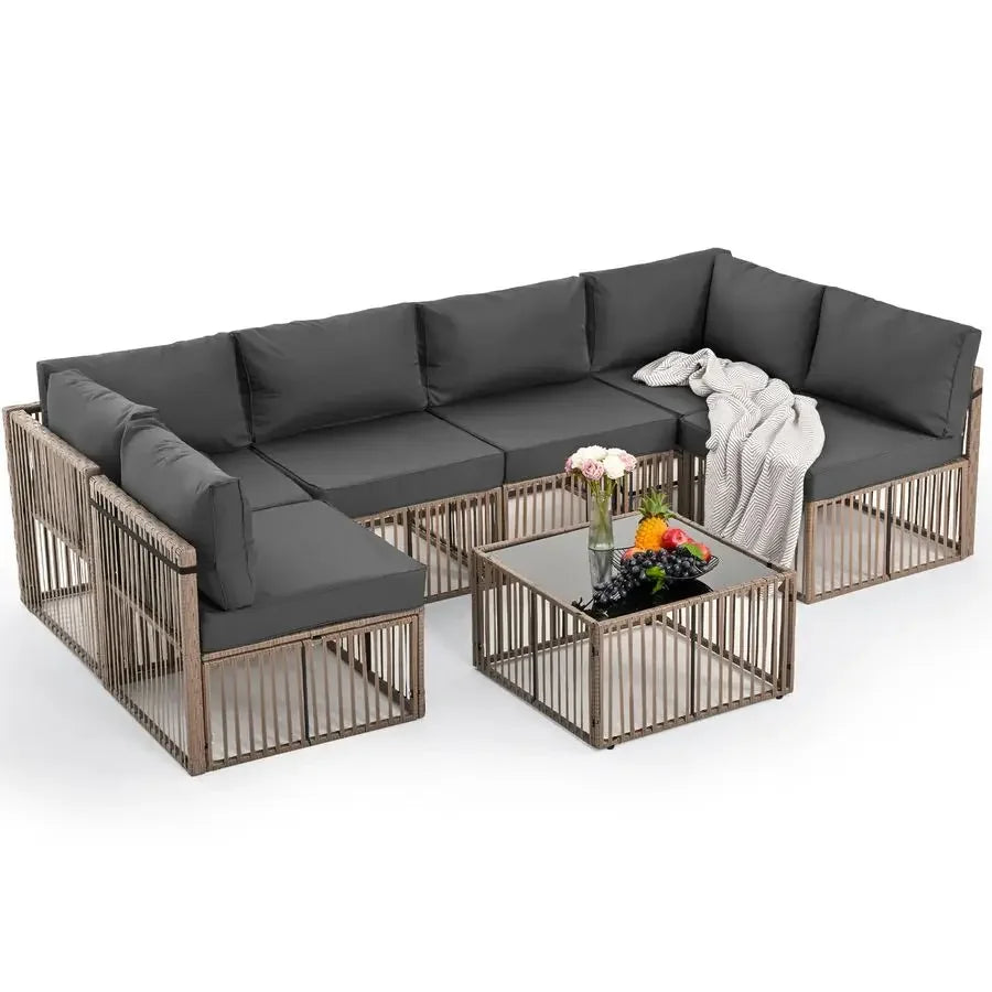 7 Piece Outdoor Sectional Sofa Set, AllWeather with Washable Cushions, Waterproof Brown Rattan Wicker