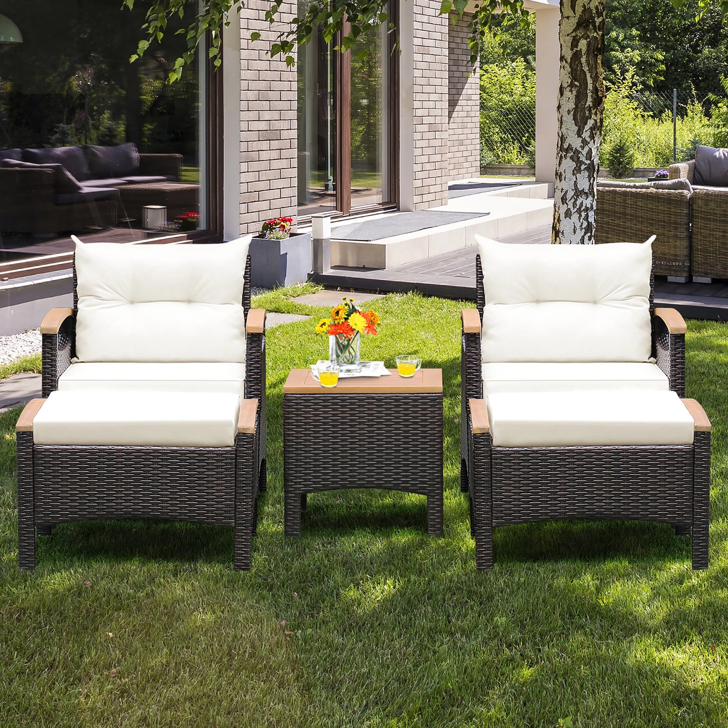 5-PCS Patio Rattan Wicker Furniture Set, 2 Chairs, 2 Ottomans with Table