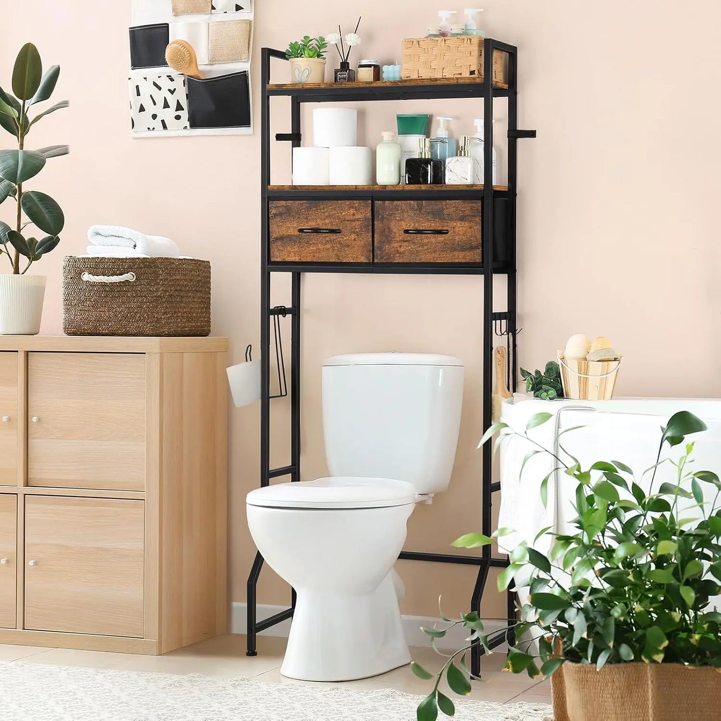 Over-The-Toilet Storage Cabinet with Drawers and Toilet Paper Holder, Brown