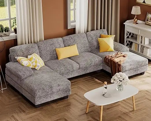 U-Shaped Linen Fabric Sectional Sofa, 4-Seater with Double Chaise