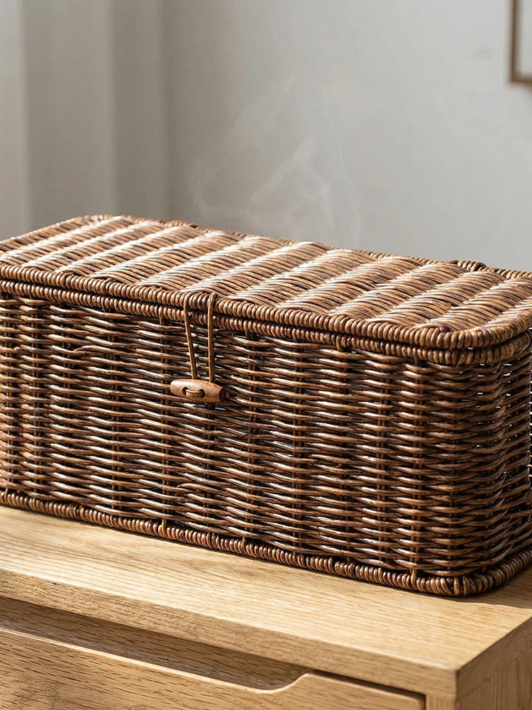 Handwoven Wicker Cable Organizer Basket with Lid Button Lock