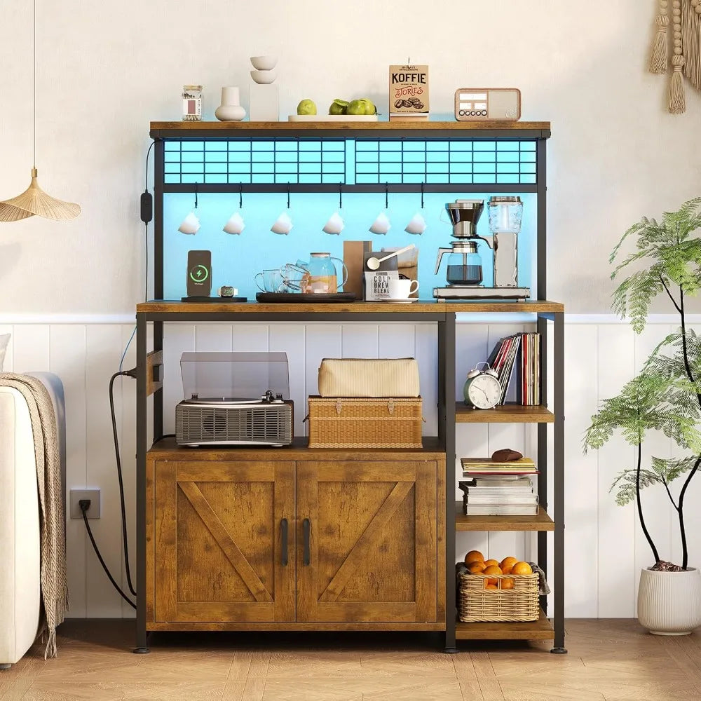 Bakers Rack with Power Outlet and LED Light, Microwave Stand with Storage Cabinet, Coffee Bar Cabinet Station