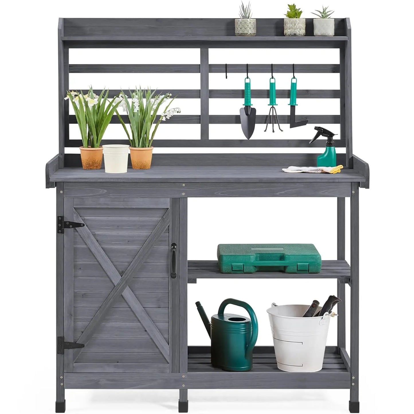 Outdoor Potting Bench with Storage Cabinet Shelf