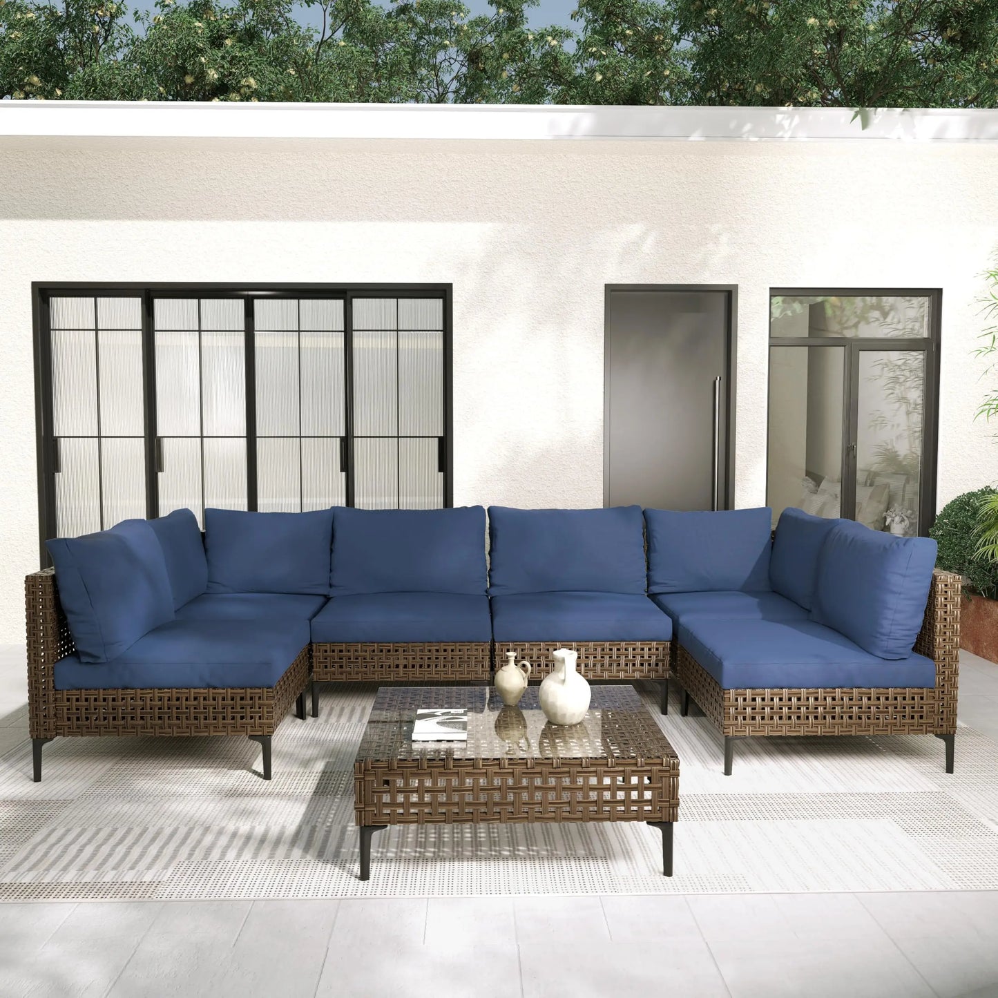 7‑Piece Outdoor Conversation Set – Wicker Sectional Patio Sofa with Water‑Resistant Thick Cushions
