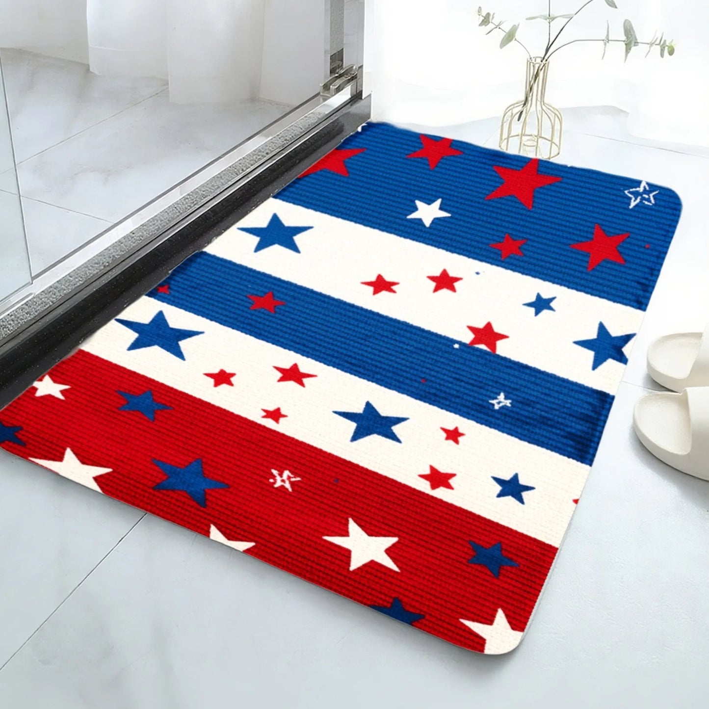 Patriotic Red White Blue Stars & Stripes Entrance Mat – Front Door Greeting Rug for Home Decor