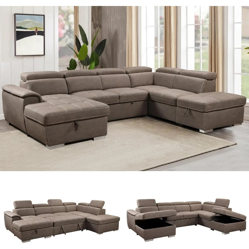 127" Oversized U‑Shaped Sectional Sofa – Microfiber Sleeper with Pullout Bed