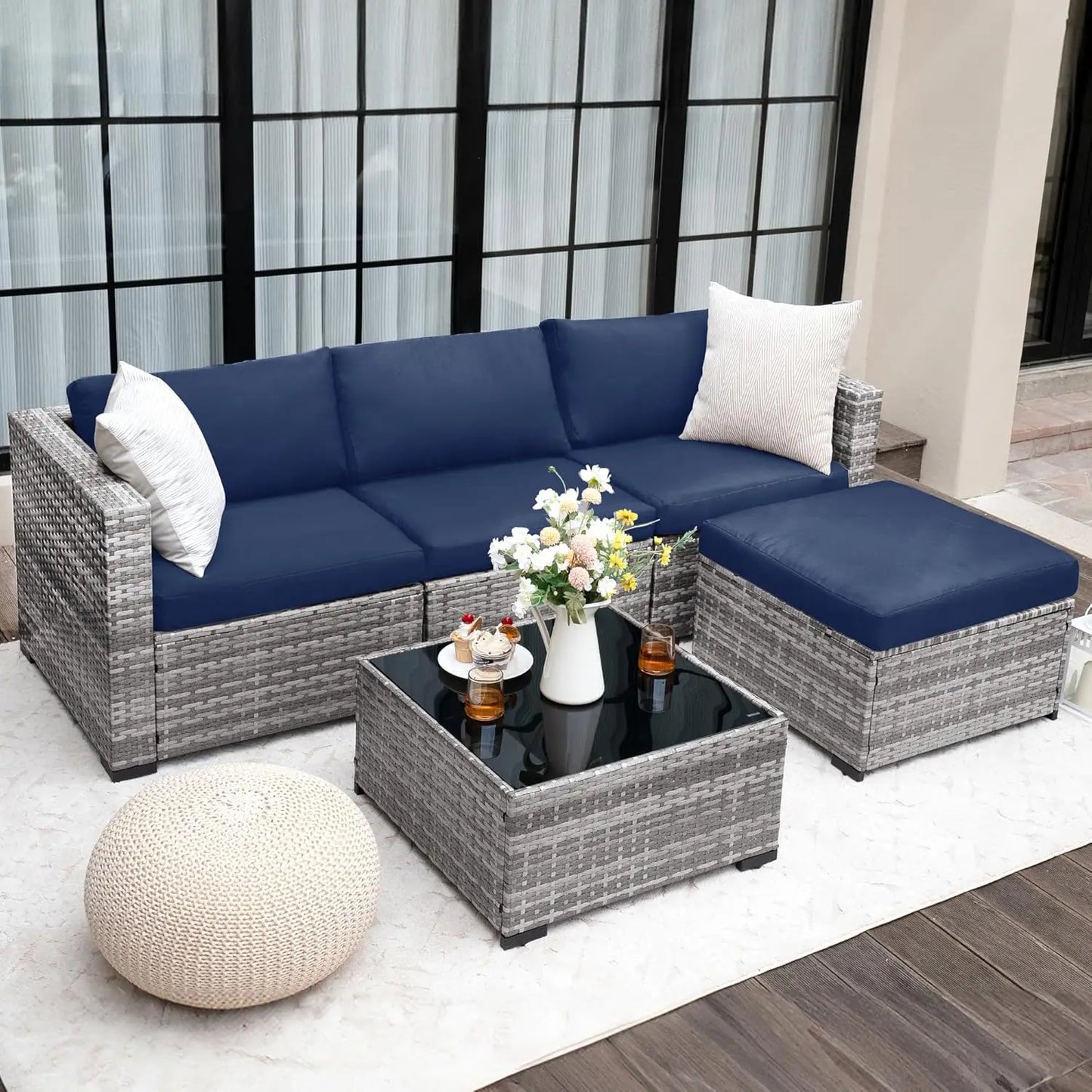 5 Piece Patio Furniture Set, All-Weather Wicker, L Shaped