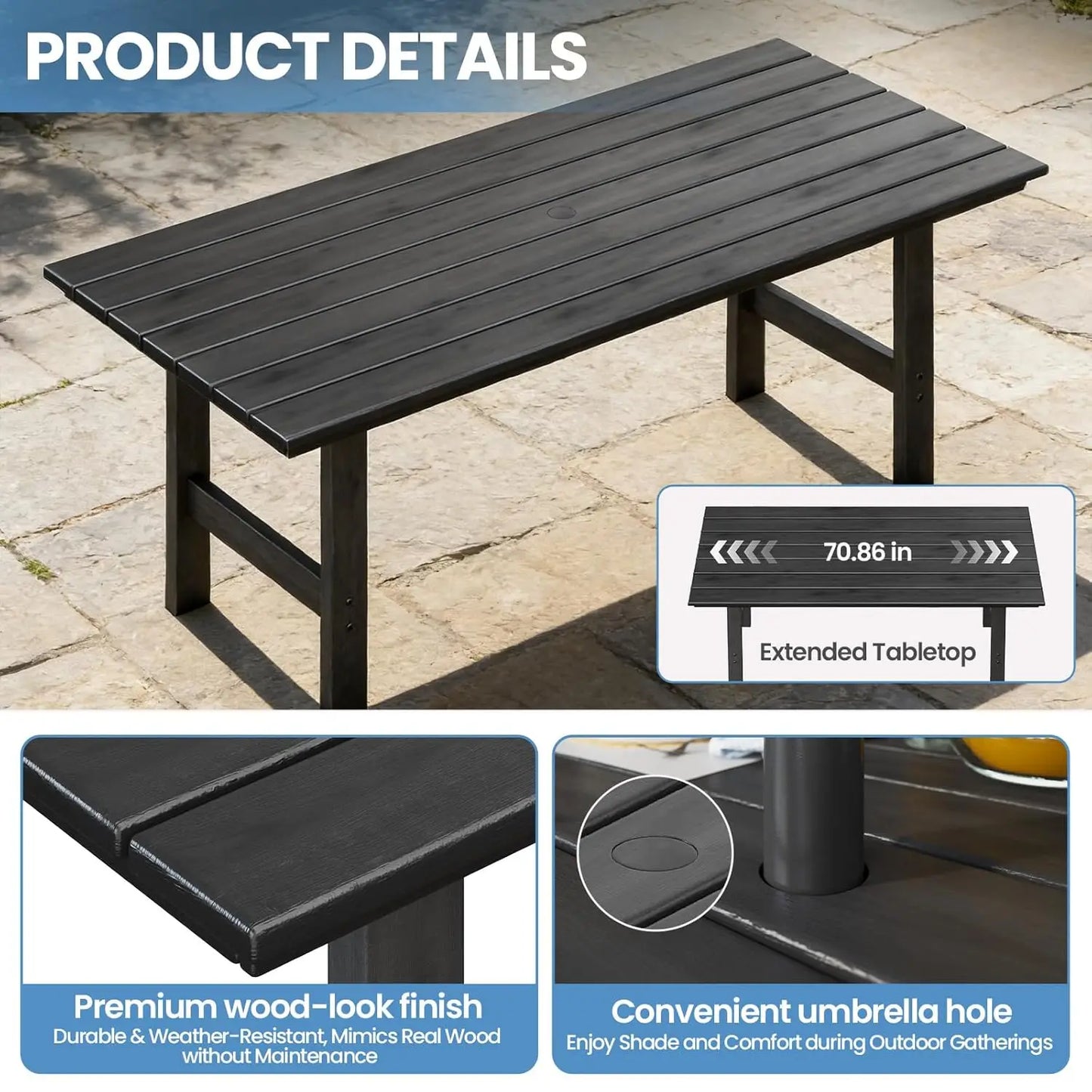 7‑Piece All‑Weather Outdoor Dining Set – 6 Seats, Table with Umbrella Hole, Black