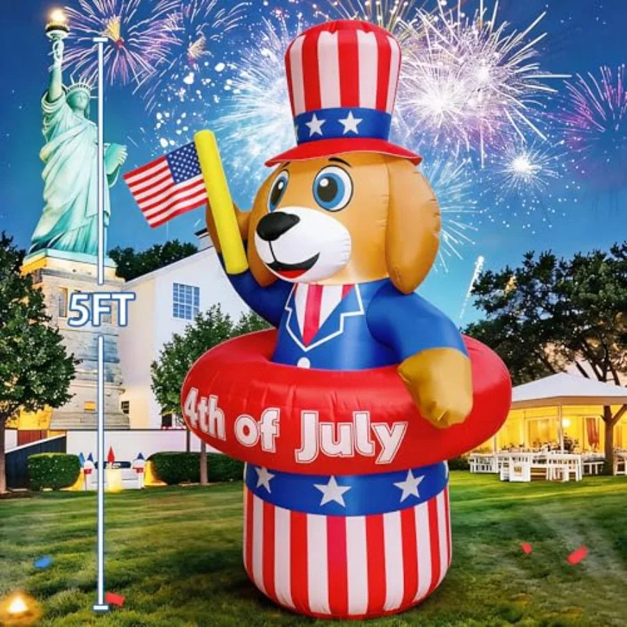 5FT Patriotic Puppy Inflatable – 4th of July Blow‑Up Decoration with Hat & Waving USA Flag