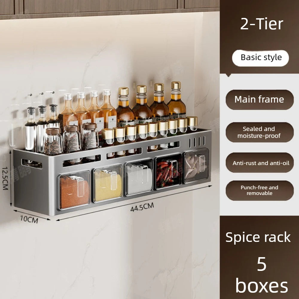 No‑Drill Wall‑Mounted Spice Rack – Carbon Steel Pull‑Out Seasoning Organizer for Kitchen