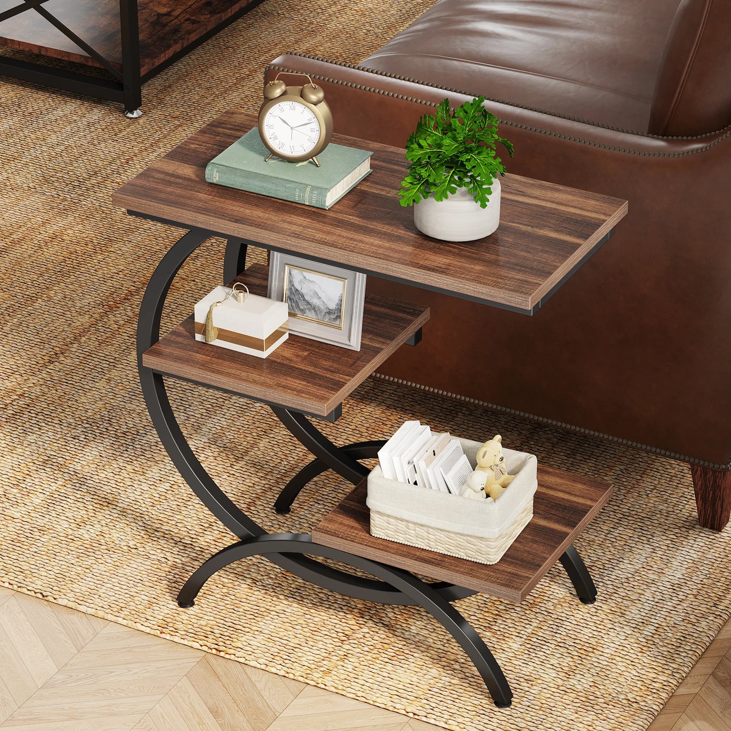 C-Shaped End Table, 3-Tier Small Table for Couch