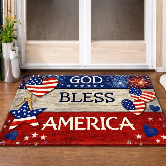 God Bless America Independence Day Doormat American Flag Heart Star Non Slip Wear Resistant Indoor Outdoor Entrance Rug