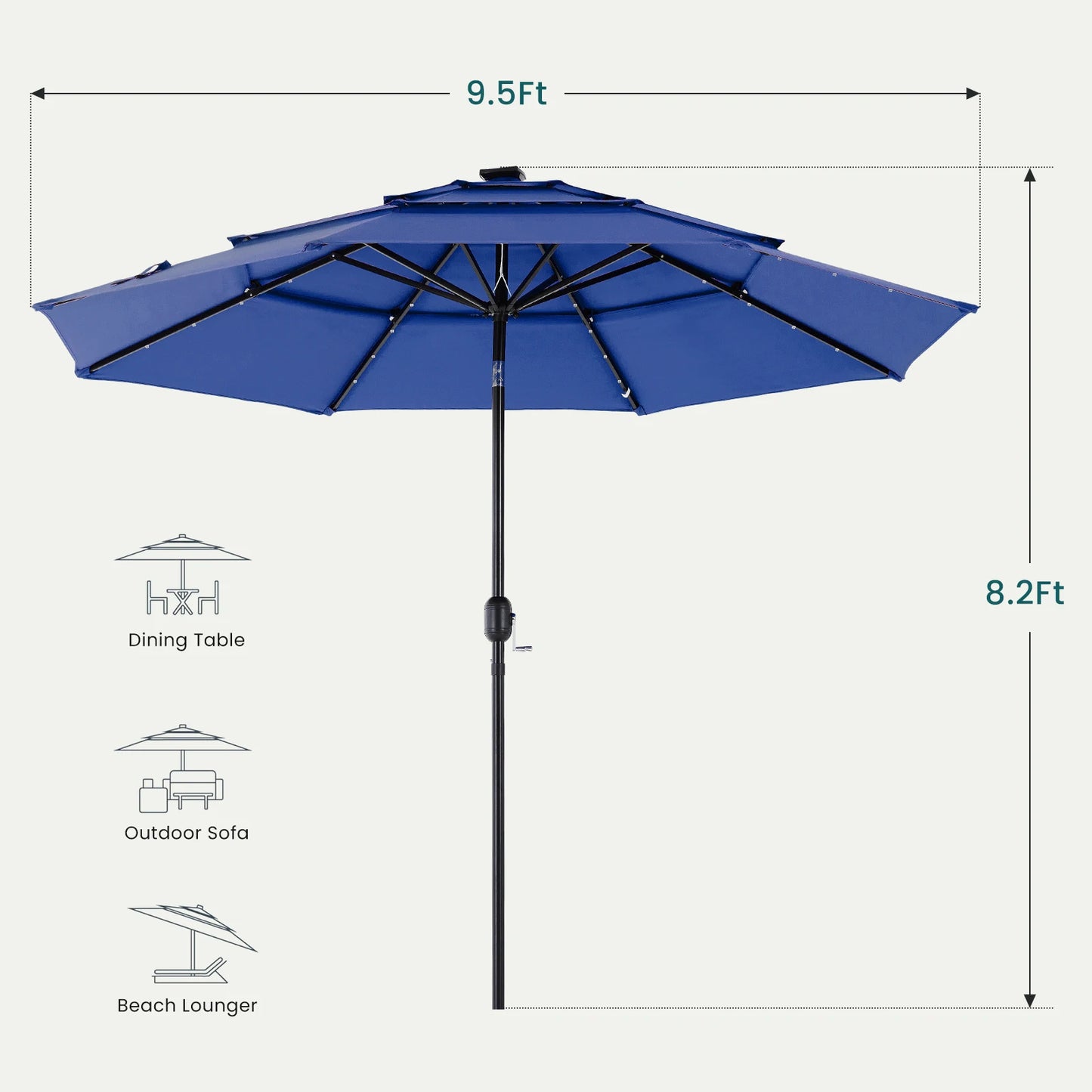 10FT 3‑Tier Patio Umbrella – Solar 32 LED Lights, Tilt Function & 8 Sturdy Ribs for Backyard & Garden