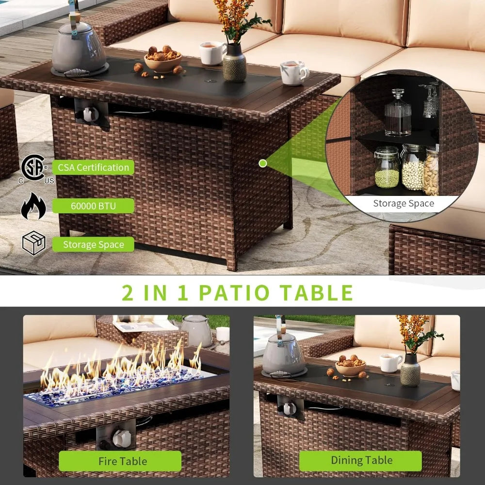 7 Piece Patio Furniture Set with 44 Inch Fire Pit Table, Outdoor Wicker Parlor Set with Thick Cushions