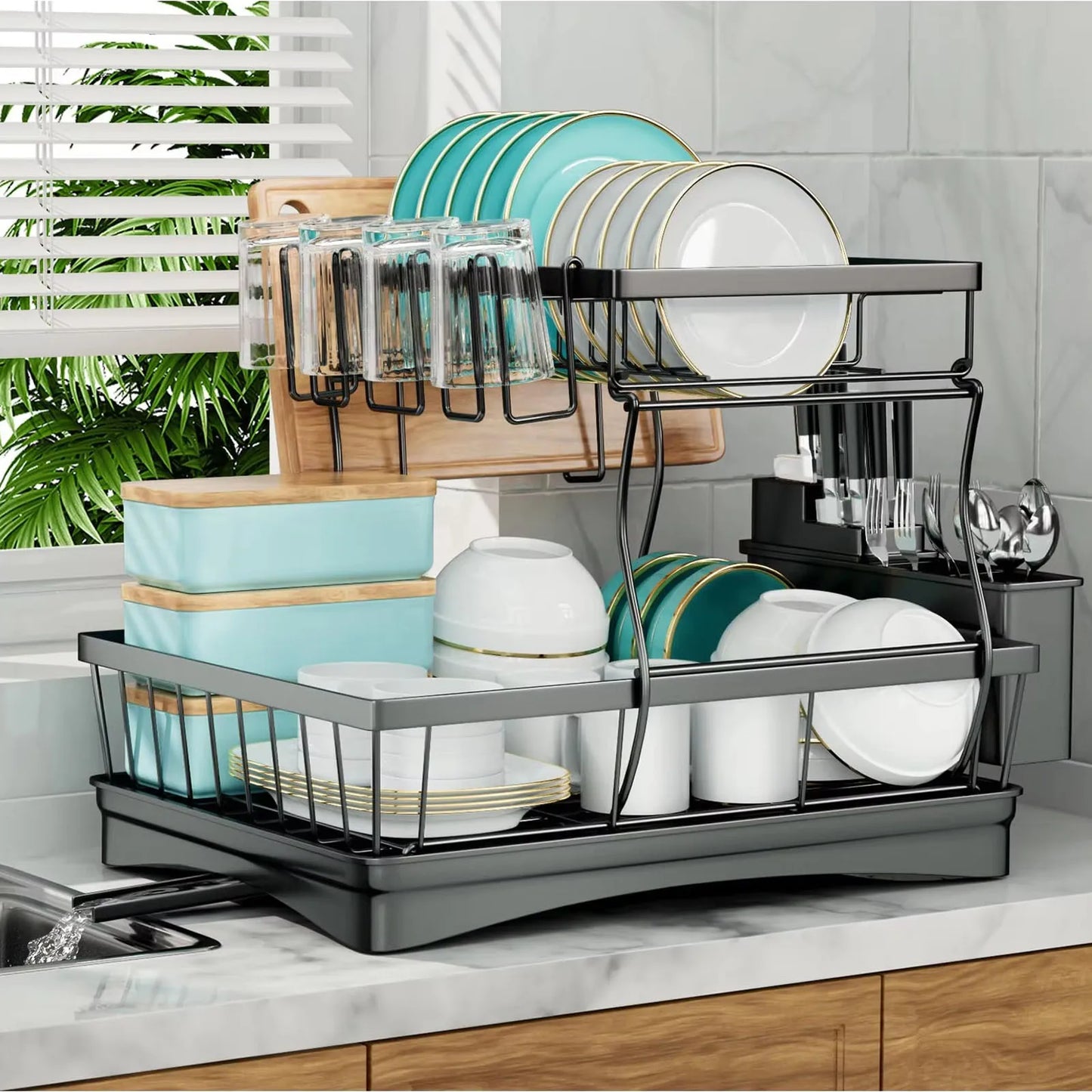 Multi-Level Space-Saving Dish Rack with Swivel Spout