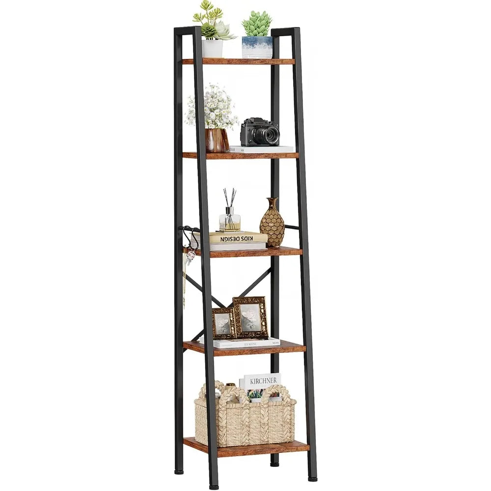 5-Tier Leaning Ladder Shelf Bookcase | Tall Narrow Storage Rack with Hooks