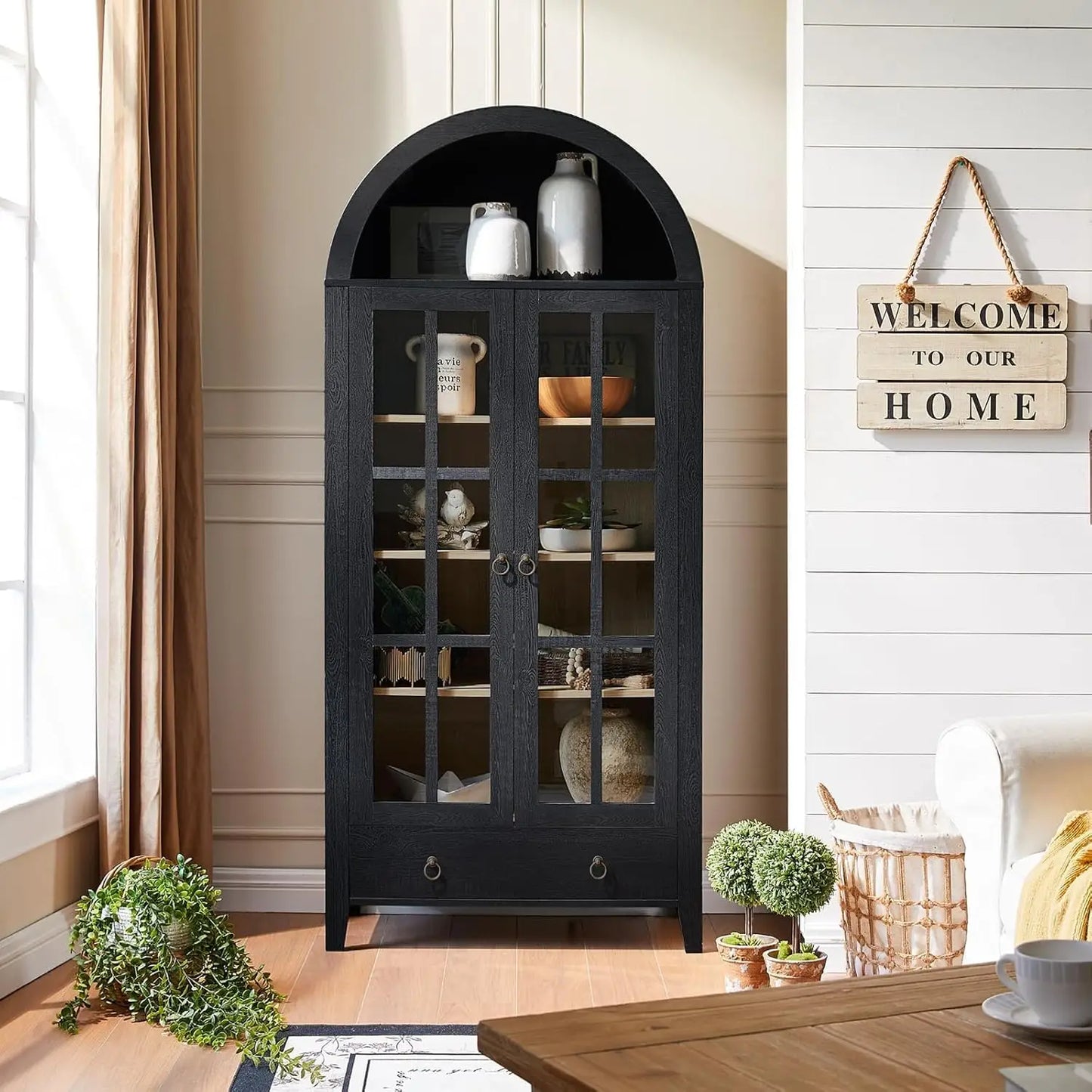 Elegant 71-Inch Arched Display Cabinet – Natural Wood Finish