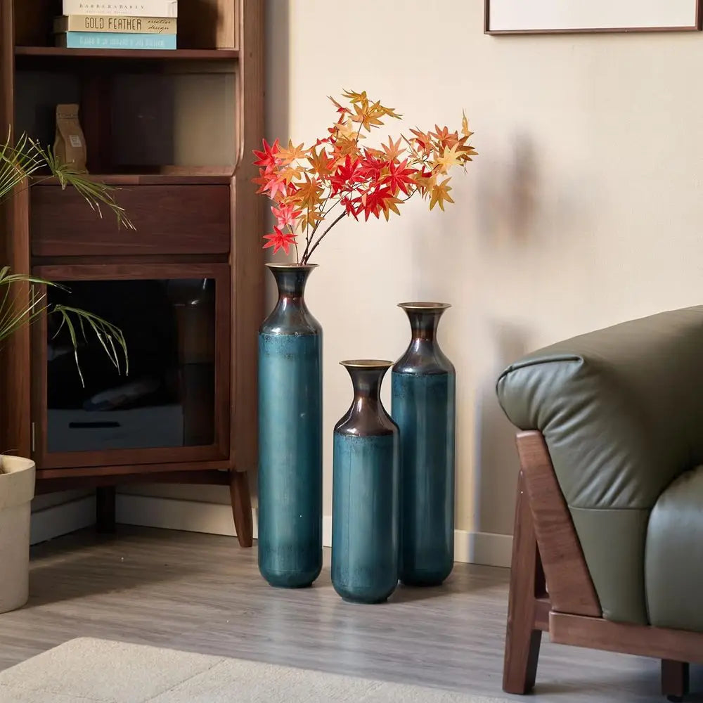 Set of 3 Large Metal Decorative Vases – Elegant Glazed Vase Trio for Living Room, Entryway, Hallway & Dining Room Décor