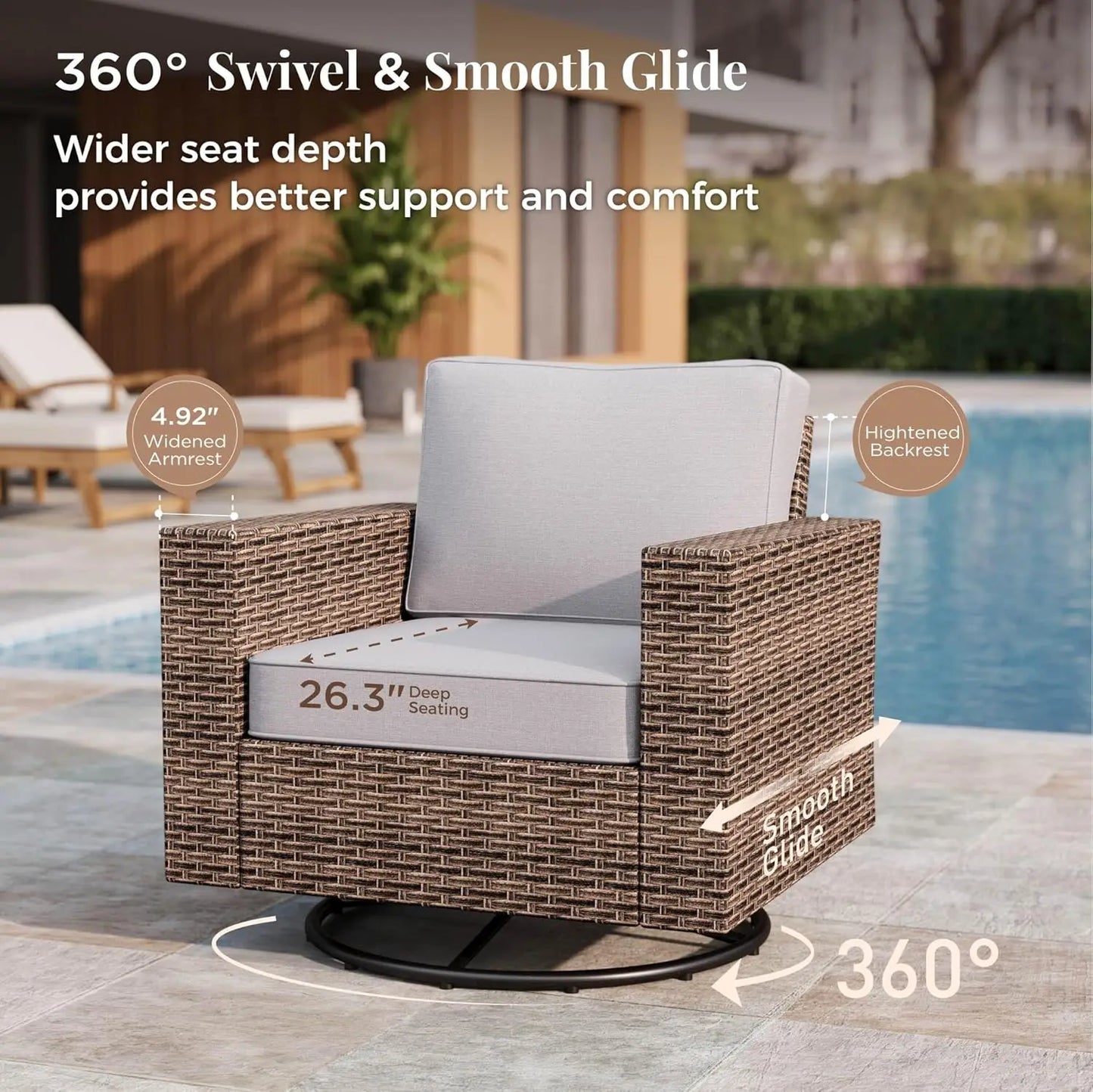 5 Piece Patio Furniture Set - Wicker Rattan with Swivel Chairs and Ottoman