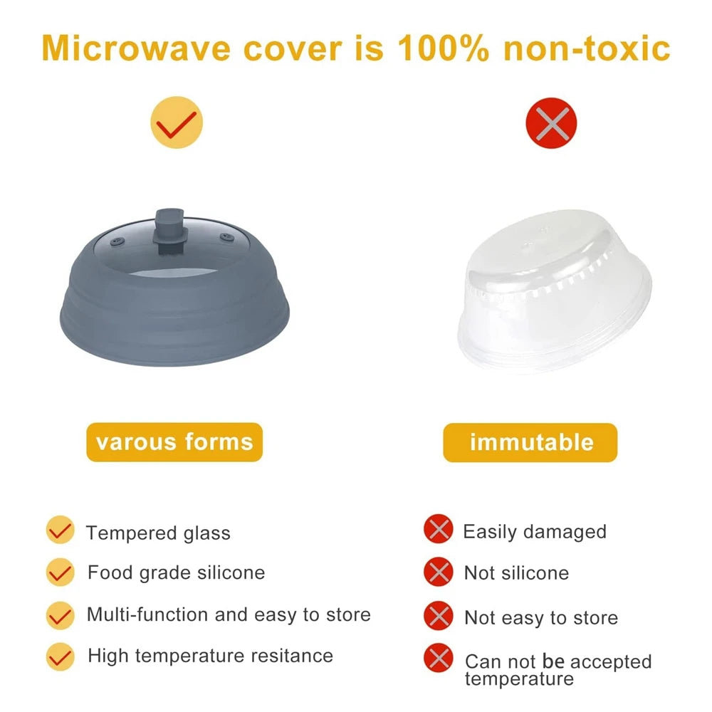 10.5" Microwave Splatter Cover – Glass Lid with Foldable 9" Silicone Splash Guard