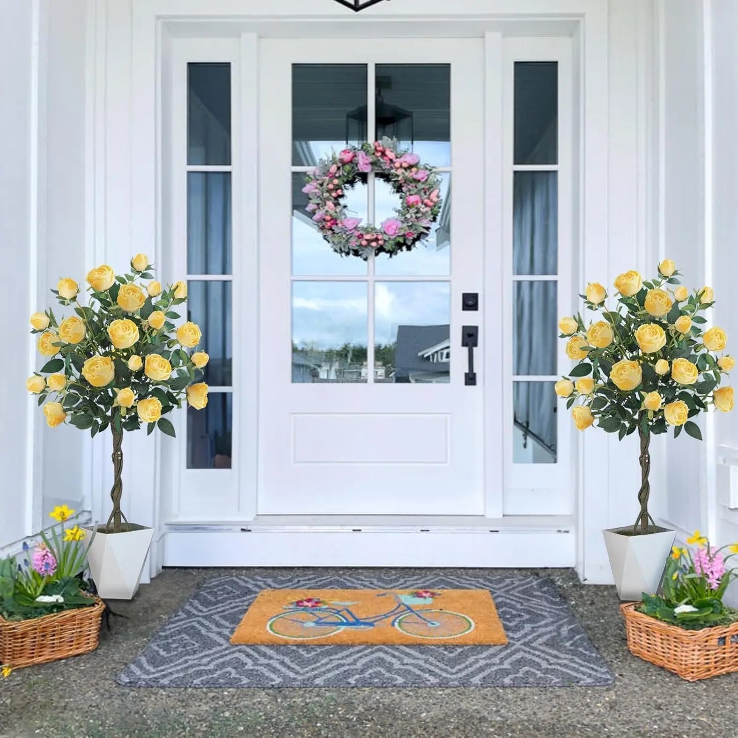 4FT Artificial Yellow Rose Tree – Set of 2 Faux Floral Trees with 52 Blooming Flowers for Home, Porch & Yard Décor