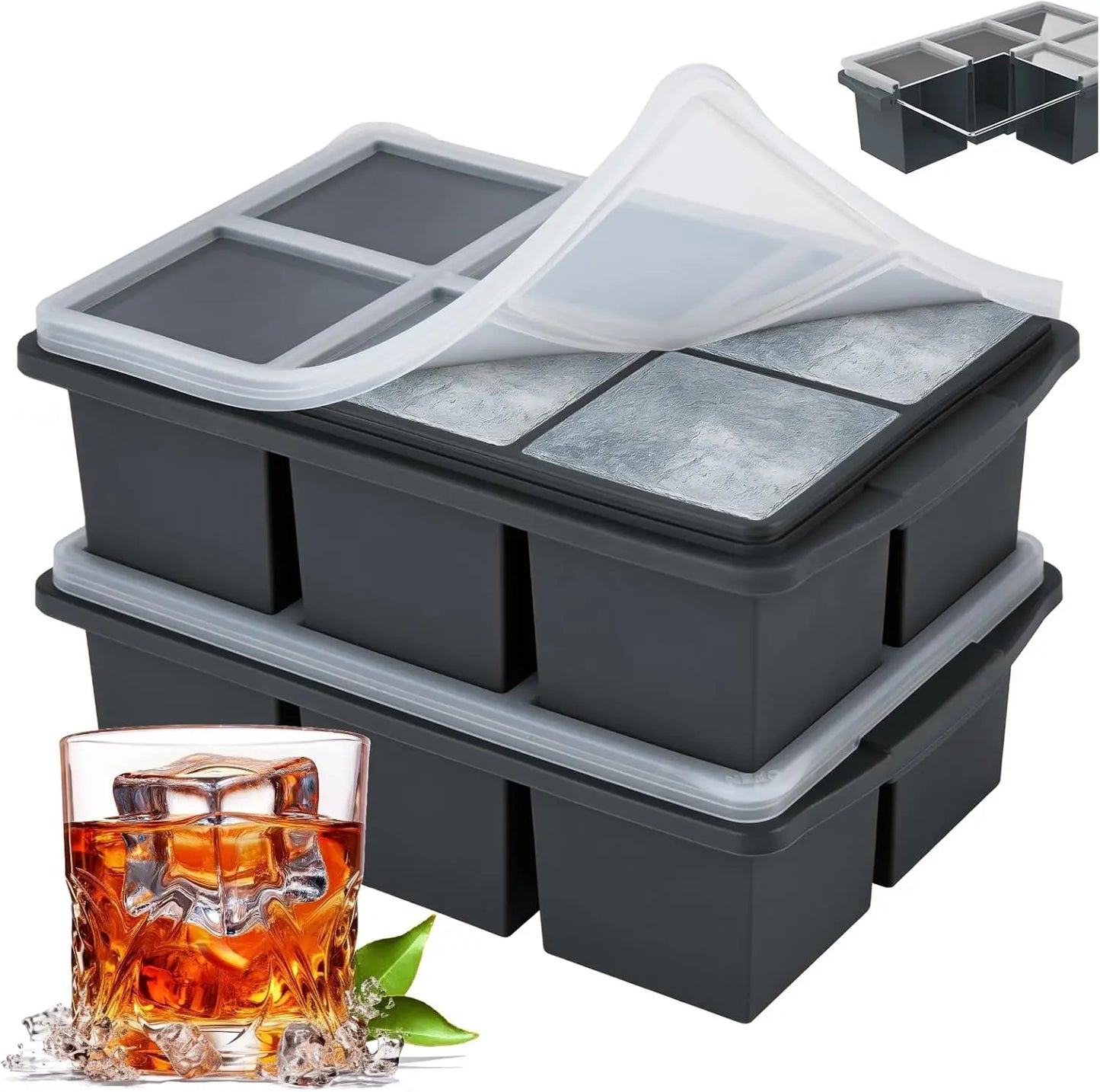 Silicone Ice Cube Tray with Lid – 12 Large 2‑Inch Cubes for Whiskey & Cocktails (2‑Pack)