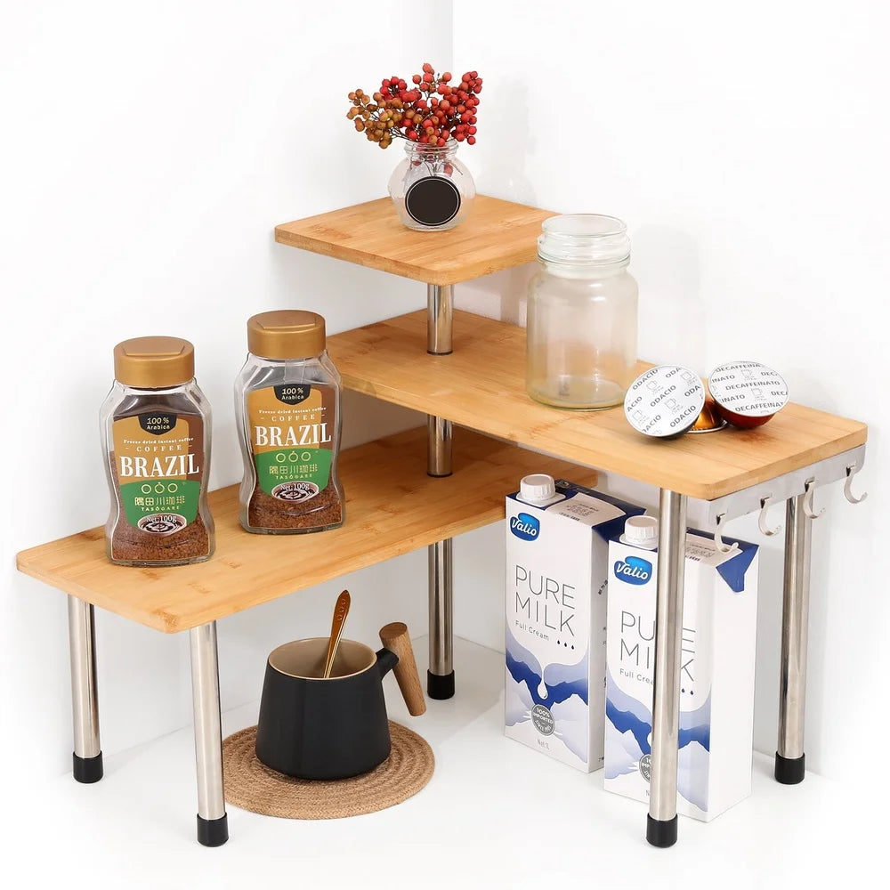 3-Tier Bamboo Corner Organizer – Tiered Countertop Storage Shelf
